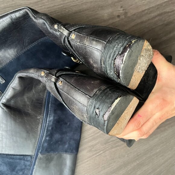 Tory Burch Navy Blue Leather and Suede Logo Boots - Picture 6 of 9